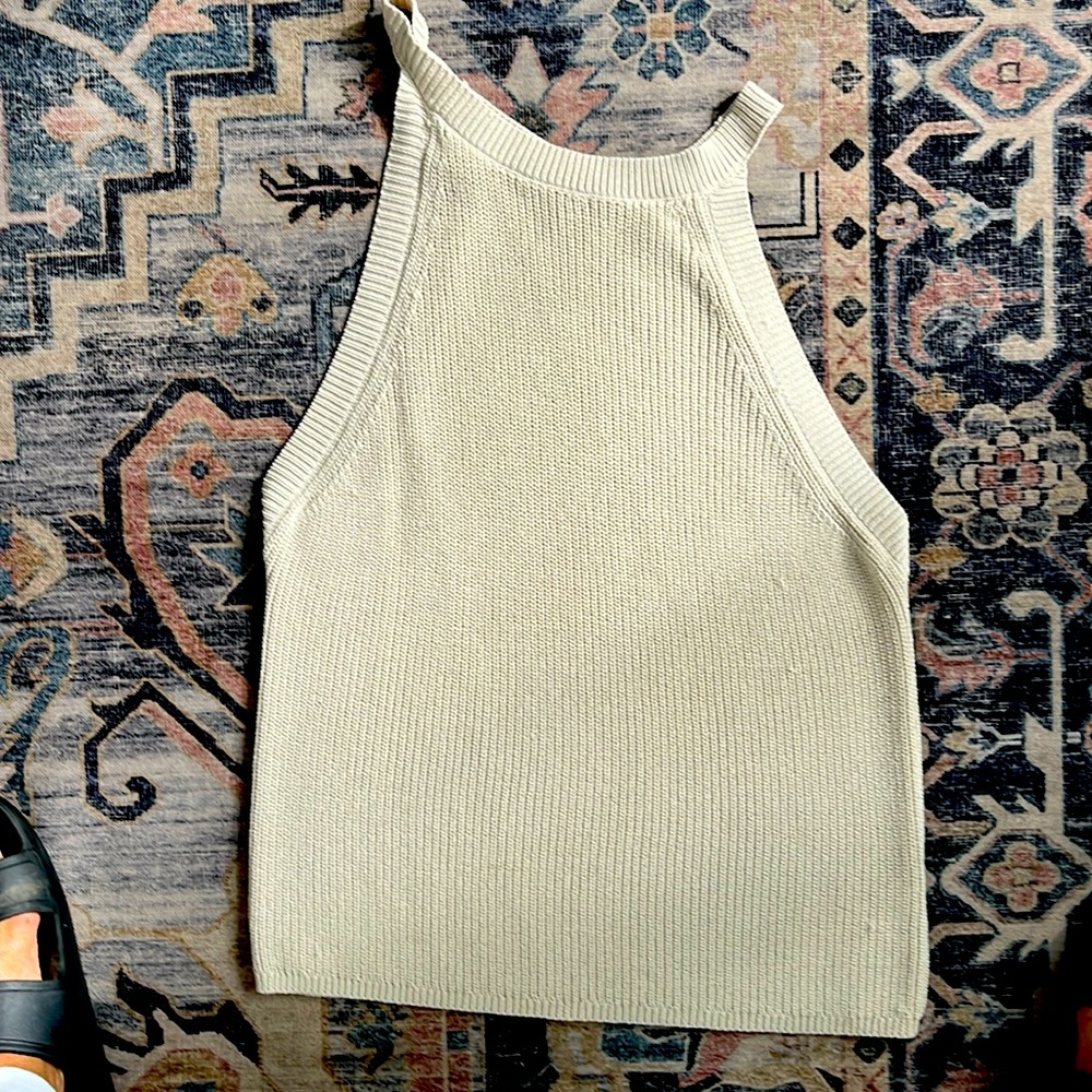 Ophelia Roe knit tank top. high neckline open shoulders. Soft beige knit